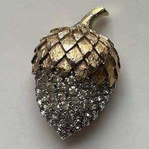 Signed Panetta Brushed Gold Rhinestone Acorn Brooch